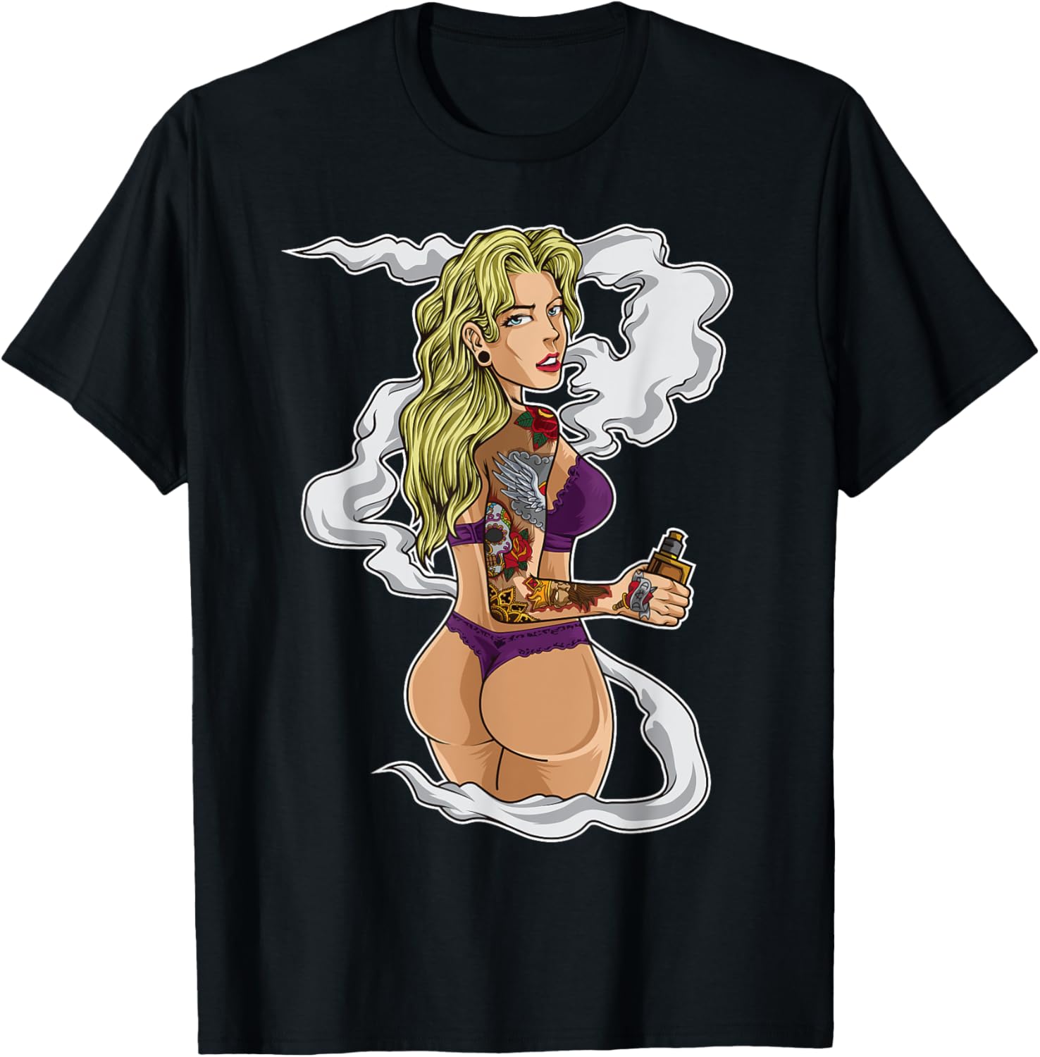 Vaping Shop - タトゥーをしたベイピングガール グラフィック Tシャツ 電子タバコ ベイプ Tシャツ